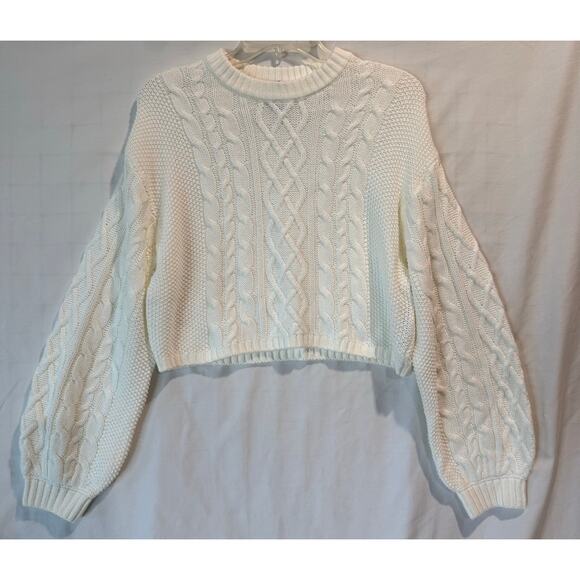 H&M Sweaters - Women's Divided H&M white cropped cable knit sweater puff sleeves medium